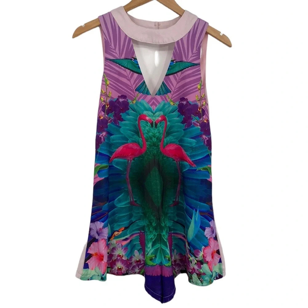 Sabo Skirt Playsuit Romper Womens Size 8 Pink Green Floral Tropical Print Cutout
